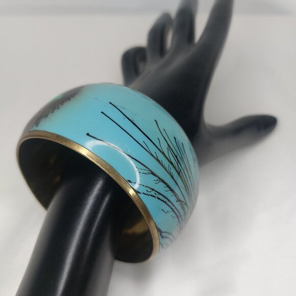 Vintage Peacock Feather Bangle Bracelet Wide Brass Enamel Blue Green Statement - Picture 5 of 8
